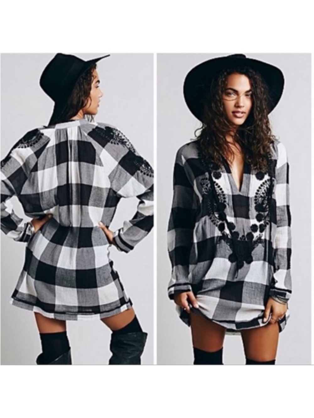 Buffalo plaid Beaded embroidery fray collar cutout accent tunic shirt mini dress